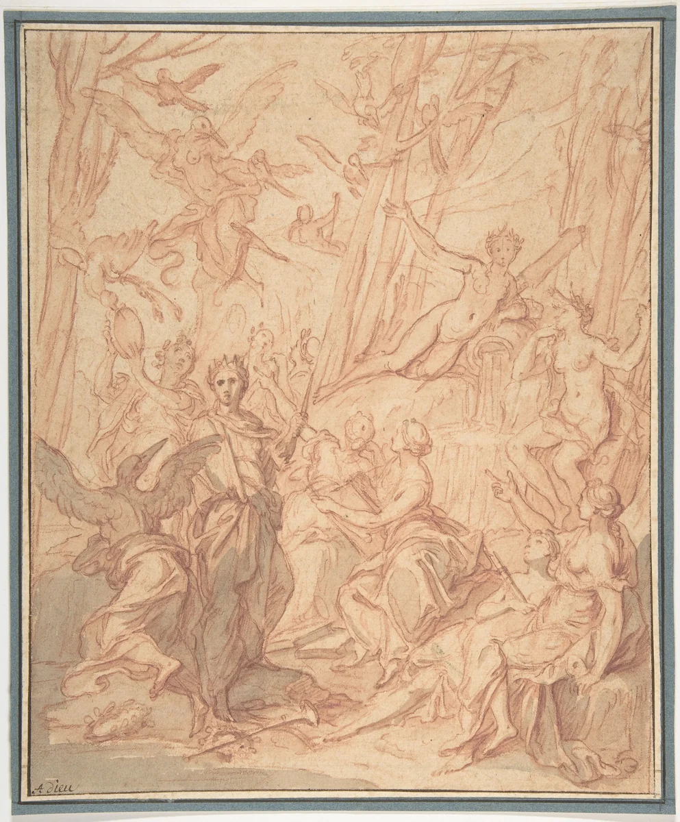 The Nine Pierides Transformed into Magpies after Their Unsuccessful Competition with the Muses (Ovid, Metamorphoses, V, 294 ff.) by Antoine Dieu, drawing, 1675-1727