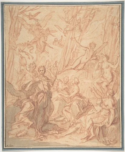 The Nine Pierides Transformed into Magpies after Their Unsuccessful Competition with the Muses (Ovid, Metamorphoses, V, 294 ff.) by Antoine Dieu, drawing, 1675-1727