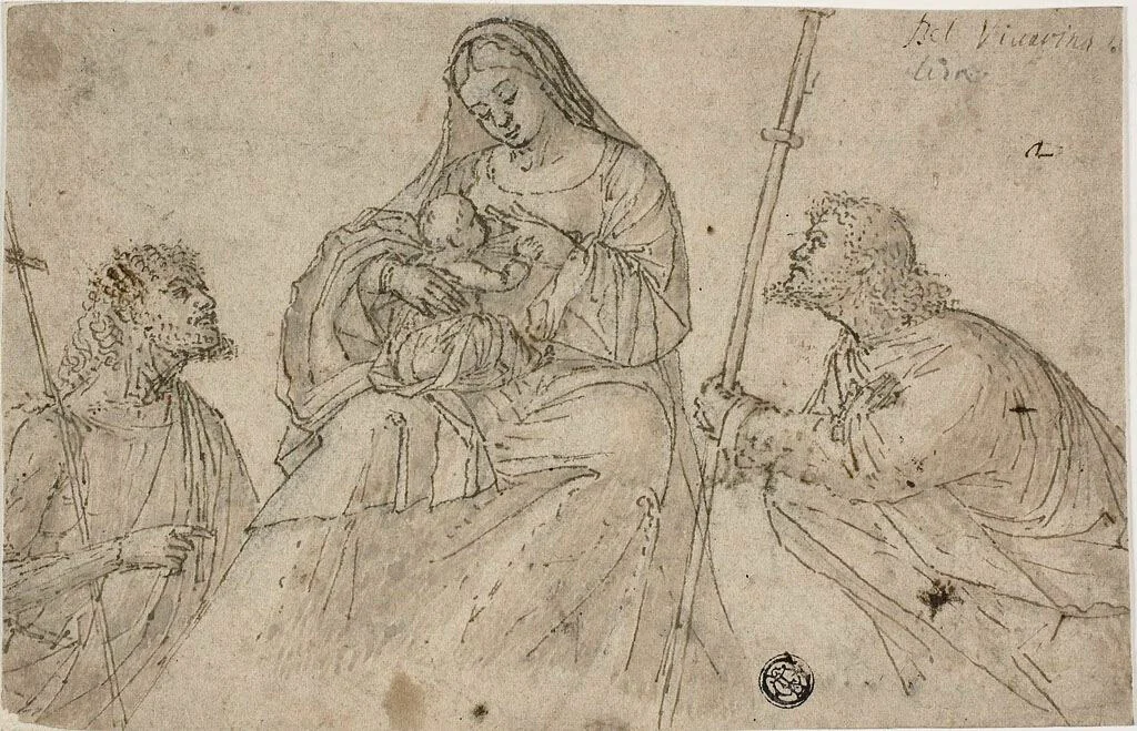 Virgin and Child with Saints John the Baptist and Roch by Benedetto Carpaccio, drawing, 1530-1545