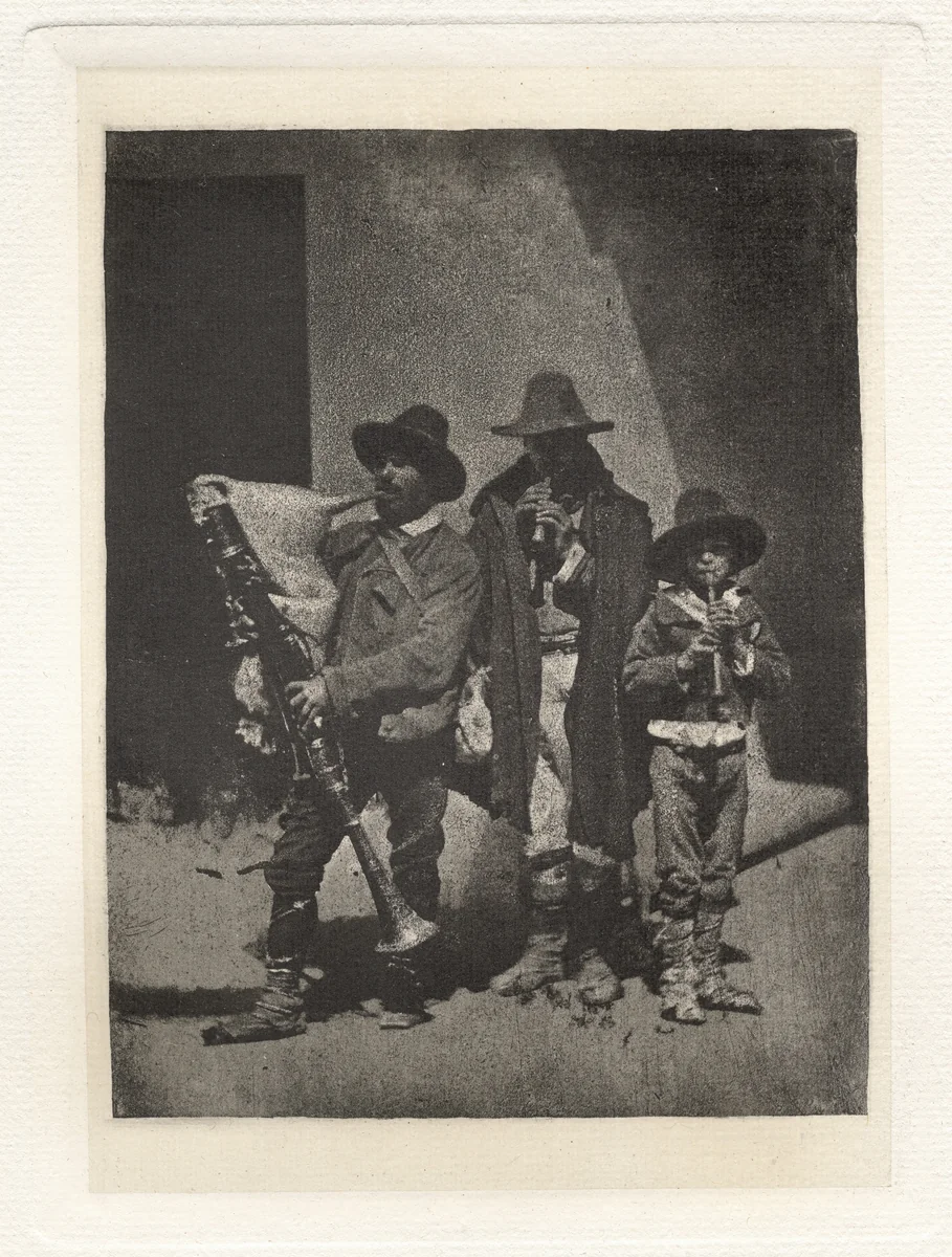 Planche III – Groupe de Trois Pifferari Debout, dans la Cour du 21 Quai Bourbon (Plate III – Group of Three Pifferari Standing, in the Court of 21 Quai Bourbon) by Charles Nègre, photograph, 1853