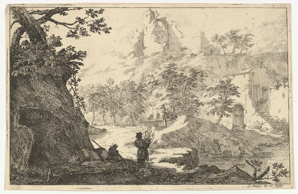 Landscape with Ruins of a Castle on a Hill by Jan Smees, print, 1705-1729