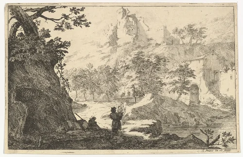 Landscape with Ruins of a Castle on a Hill by Jan Smees, print, 1705-1729