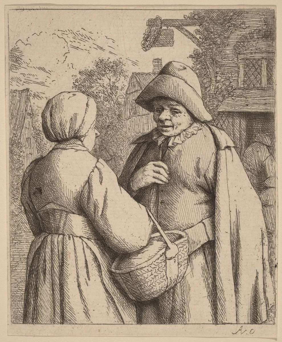 Man and Woman Conversing In Front of an Inn by Adriaen van Ostade, print, 1666-1676