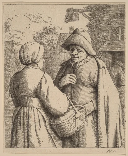 Man and Woman Conversing In Front of an Inn by Adriaen van Ostade, print, 1666-1676