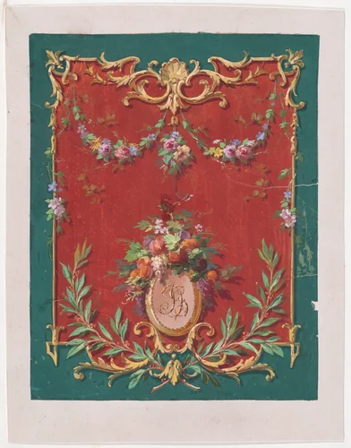 Design for a Panel or Wallpaper (?) with an Ornamental Frame with Scrolls and a Shell Decorated with Garlands and Bundles of Flowers and Fruits and a Monogrammed Oval Frame by anonymous, drawing, 1870-1900