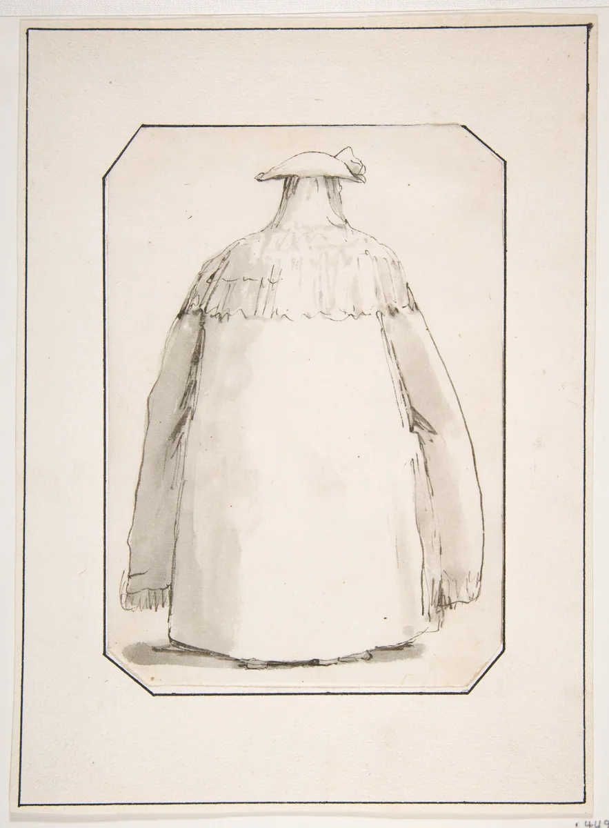 Caricature of a Fat Person Wearing a Long Cloak and a Tricorne, Seen from Behind by Giovanni Battista Tiepolo, drawing, 1755-1765