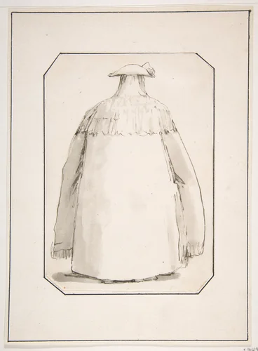 Caricature of a Fat Person Wearing a Long Cloak and a Tricorne, Seen from Behind by Giovanni Battista Tiepolo, drawing, 1755-1765