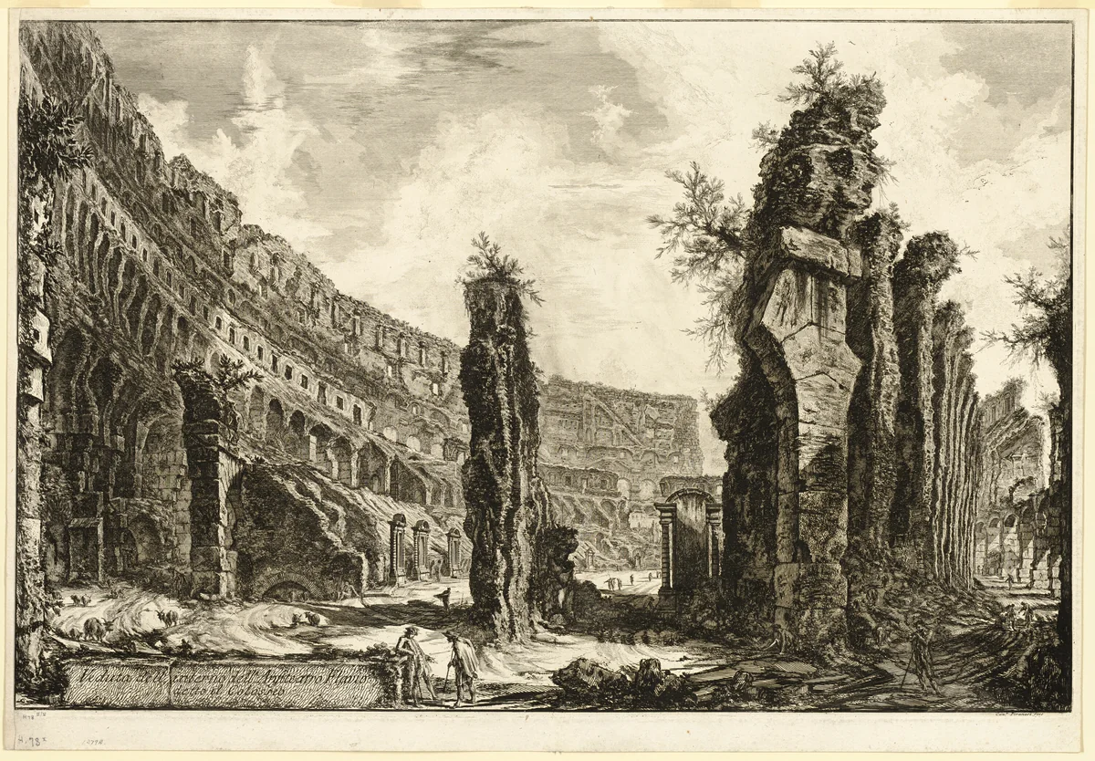 Interior view of the Flavian Amphitheater, called the Colosseum, from Views of Rome by Giovanni Battista Piranesi, print, 1766
