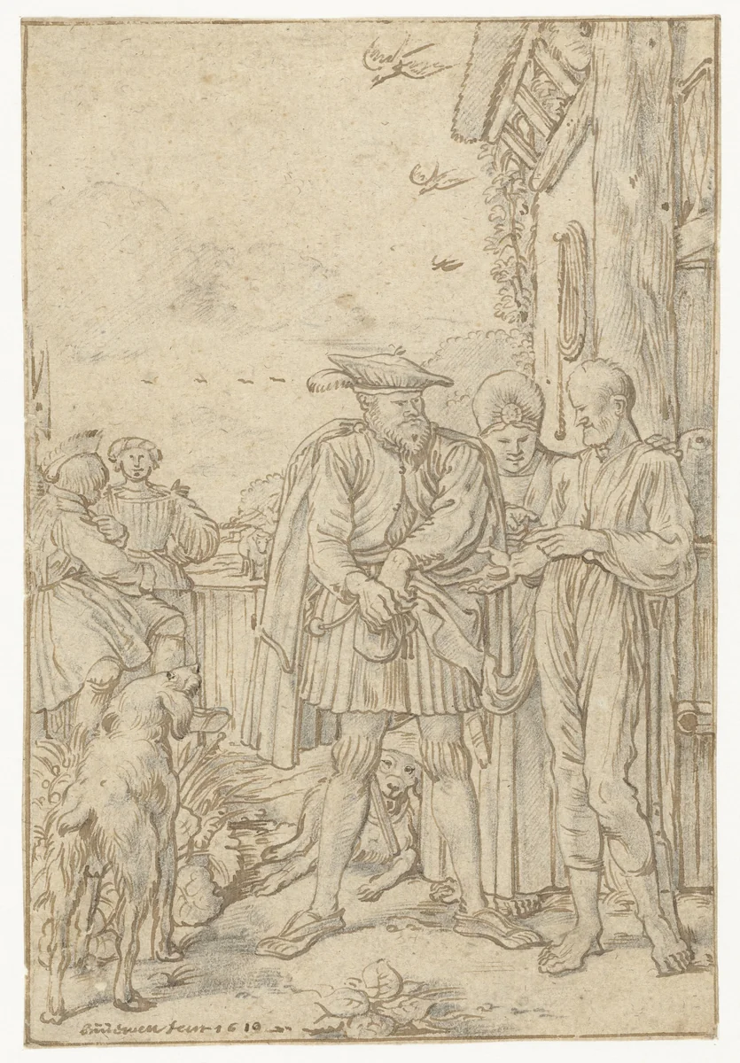 Schout van Dordrecht betaalt de boer schadevergoeding by Willem Pietersz Buytewech, drawing, 1619