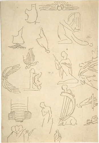 Sketches of Miscellaneous Egyptian Details and Figures (recto and verso) by William Pitts, drawing, 1805-1840