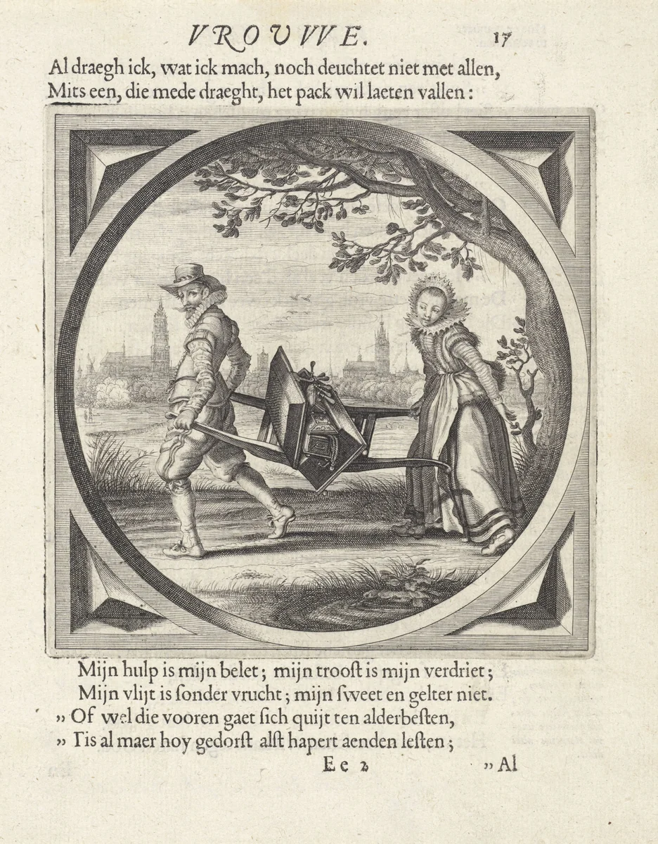 Man en vrouw dragen een kist met spullen by anonymous, print, 1625-1635