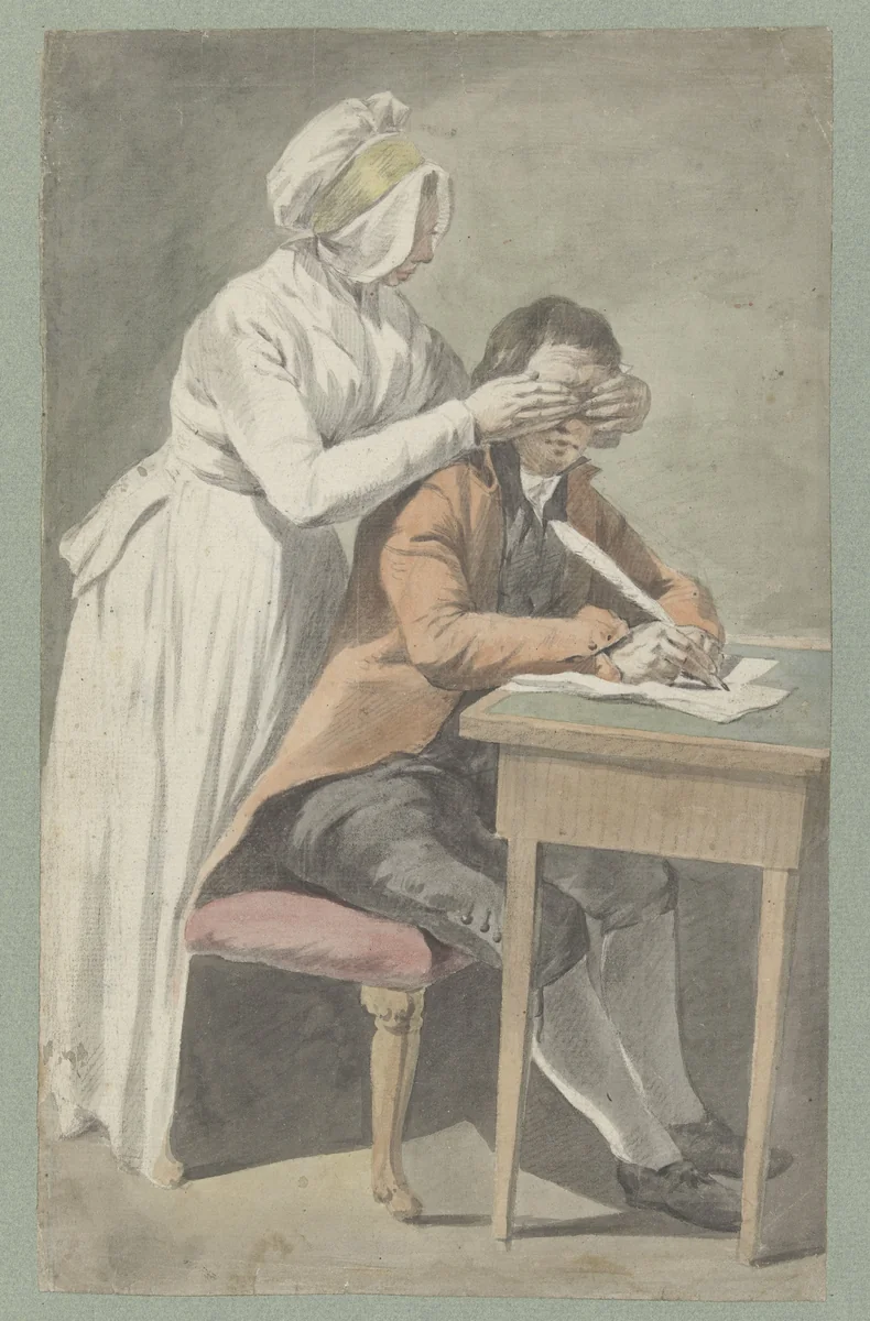 Meisje bedekt de ogen van een jongeling by Etienne Jeaurat, drawing, 1709-1789