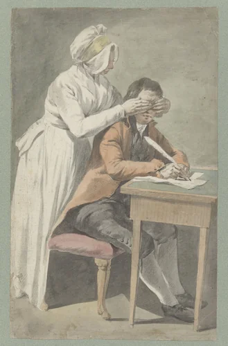 Meisje bedekt de ogen van een jongeling by Etienne Jeaurat, drawing, 1709-1789