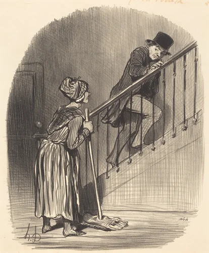 Ma femme est-elle a la maison? by Honoré Daumier, print, 1847
