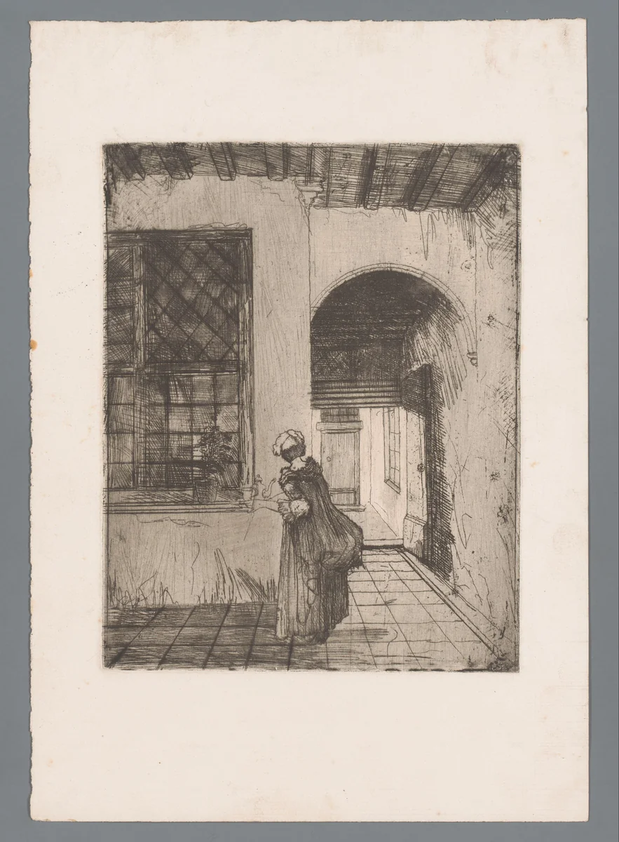 Vrouw met een theeservies in de gang van een woning by Willem Linnig, print, 1852-1890