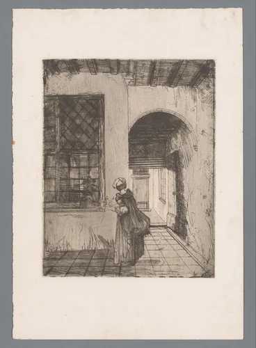 Vrouw met een theeservies in de gang van een woning by Willem Linnig, print, 1852-1890
