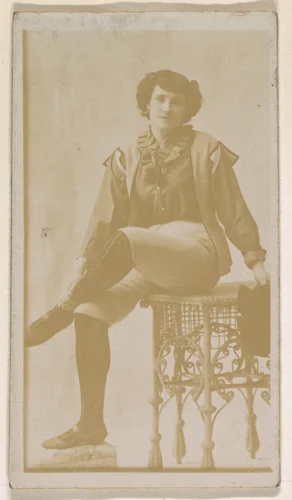 Actress seated on ornate stool, from the Actresses series (N245) issued by Kinney Brothers to promote Sweet Caporal Cigarettes by Kinney Brothers Tobacco Company, photograph, 1890
