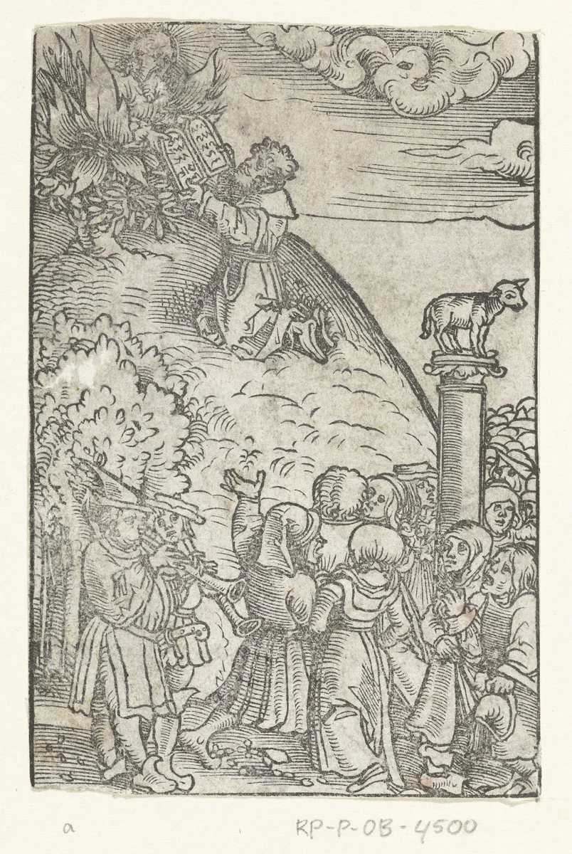 Mozes ontvangt de tafelen der wet en de aanbidding van het gouden kalf by Lucas Cranach, print, 1528-1554