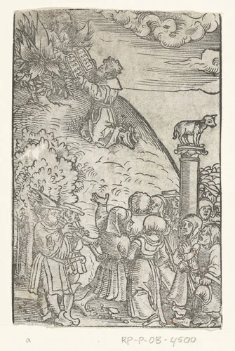 Mozes ontvangt de tafelen der wet en de aanbidding van het gouden kalf by Lucas Cranach, print, 1528-1554