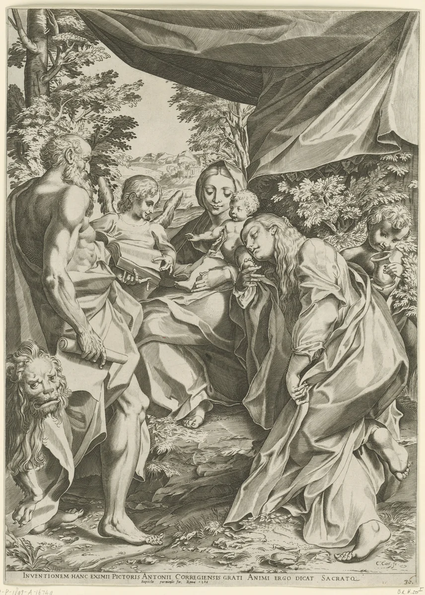Maria met Kind, Maria Magdalena en Hieronymus by Unknown, print, 1586