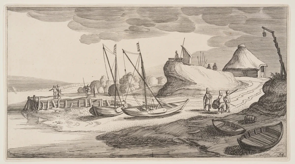 Boats Ashore Near a Watch-Tower, from Landscapes (Playsante Lantschappen) by Claes Jansz. Visscher II, print, 1641