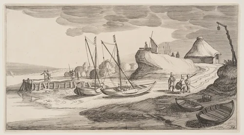 Boats Ashore Near a Watch-Tower, from Landscapes (Playsante Lantschappen) by Claes Jansz. Visscher II, print, 1641