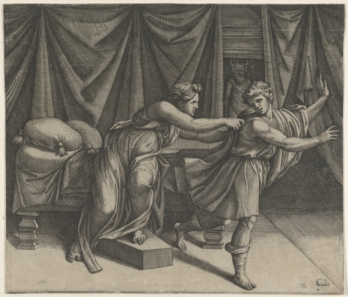 Joseph fleeing from Potiphar's wife by Marcantonio Raimondi, print, 1510-1520