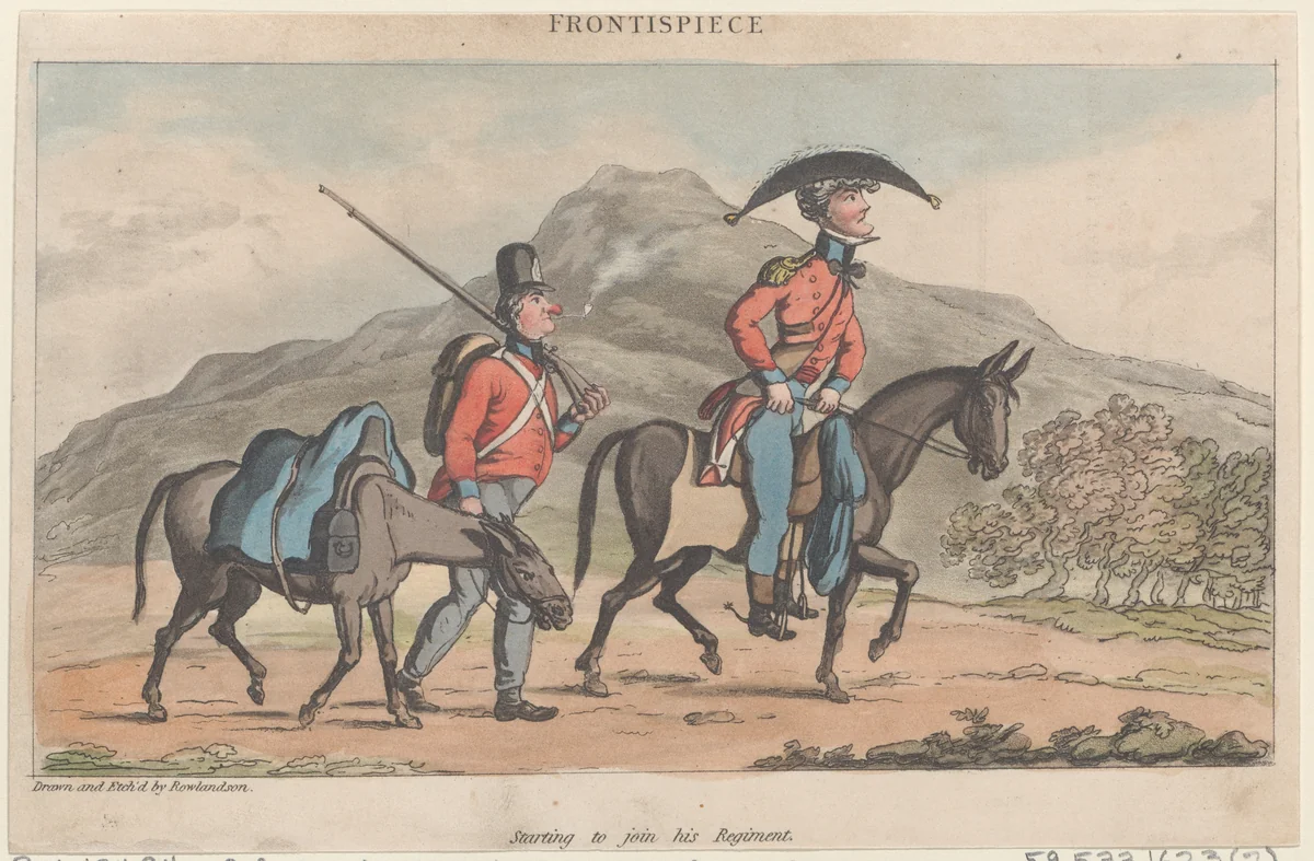 Frontispiece: Starting to join his regiment by Thomas Rowlandson, print, 1815