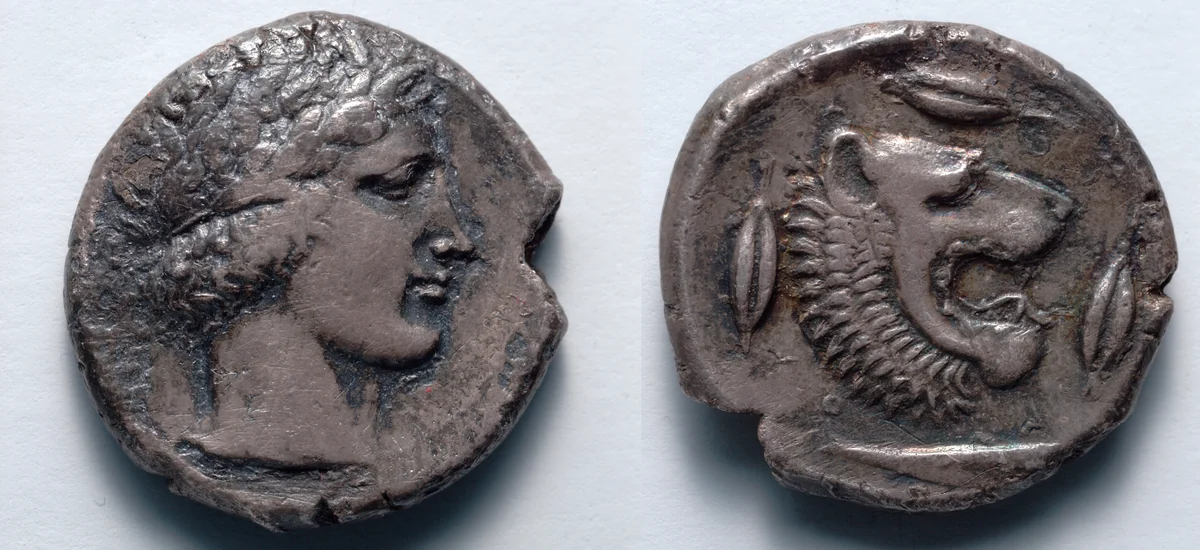 Tetradrachm: Head of Apollo (obverse); Head of Lion (reverse) by Unknown, metalwork, -466--422