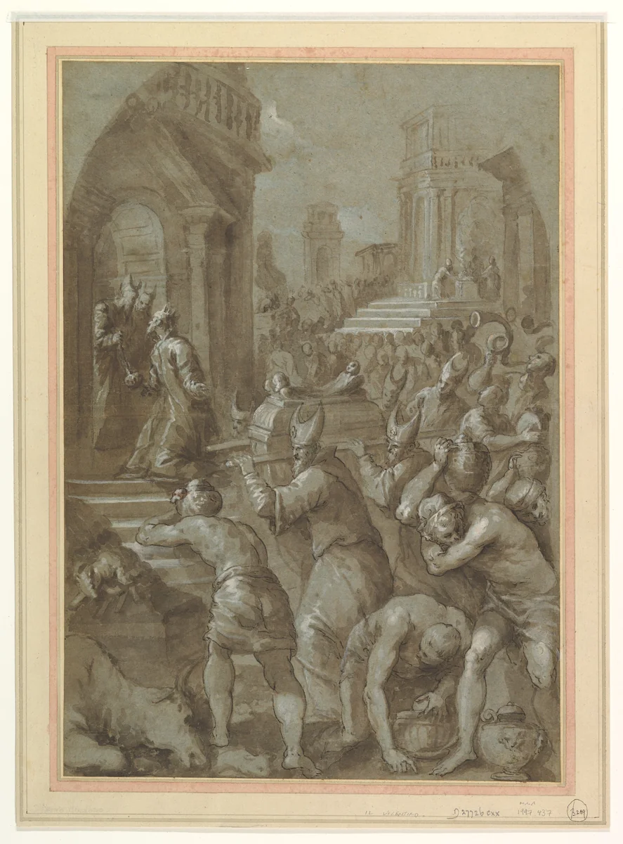 King Solomon Beholds the Ark of the Covenant Being Brought to the Temple by Andrea Vicentino, drawing, 1604