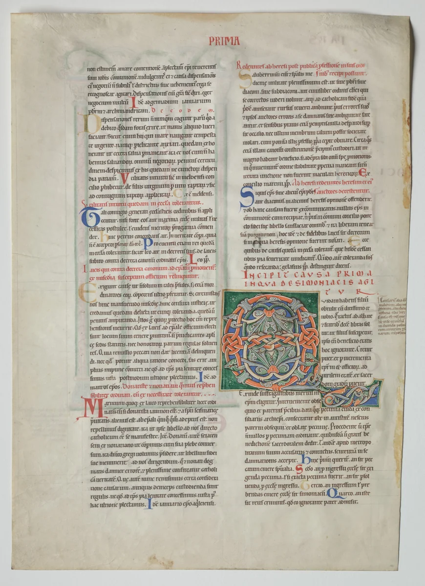 Single Leaf from a Decretum by Gratian: Decorated Initial Q[uidam habens filium obtulit] and Quadruple Arcade with Concordance of Greek and Latin Alphabets by Unknown, manuscript, 1160-1165