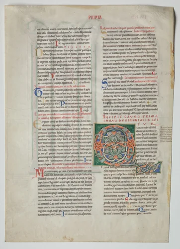 Single Leaf from a Decretum by Gratian: Decorated Initial Q[uidam habens filium obtulit] and Quadruple Arcade with Concordance of Greek and Latin Alphabets by Unknown, manuscript, 1160-1165