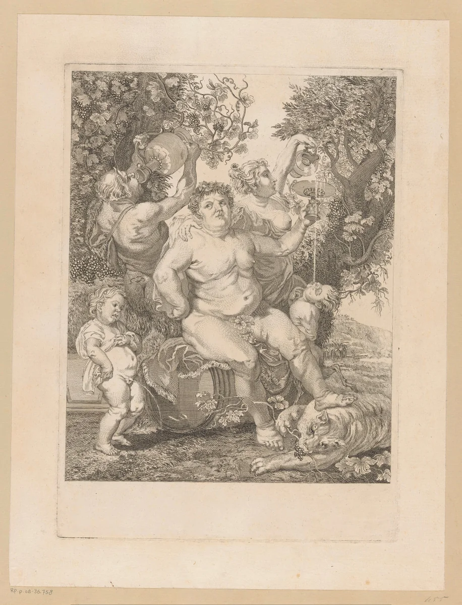 Bacchus op een wijnvat by Pietro Peiroleri, print, 1758