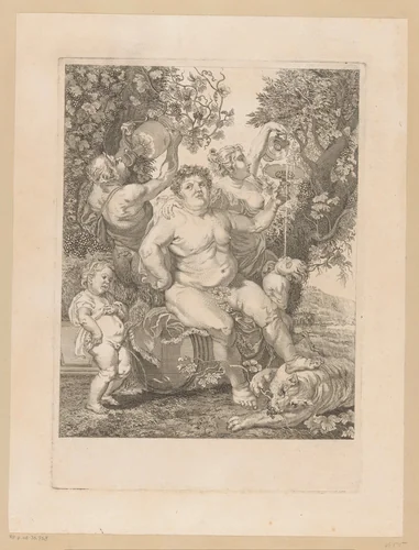 Bacchus op een wijnvat by Pietro Peiroleri, print, 1758