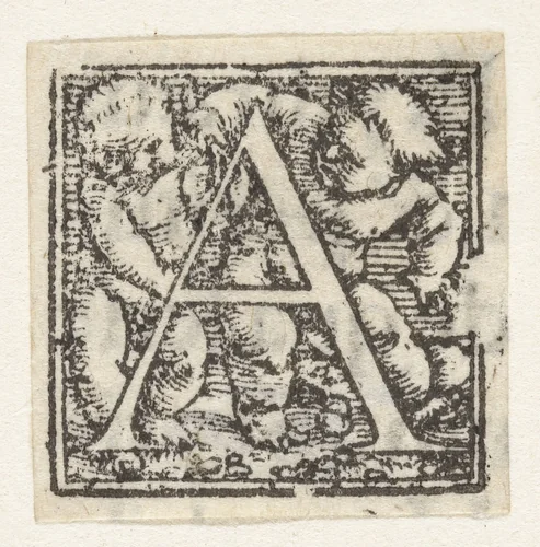 Letter A en twee kinderen by Hans Holbein, print, 1522-1526