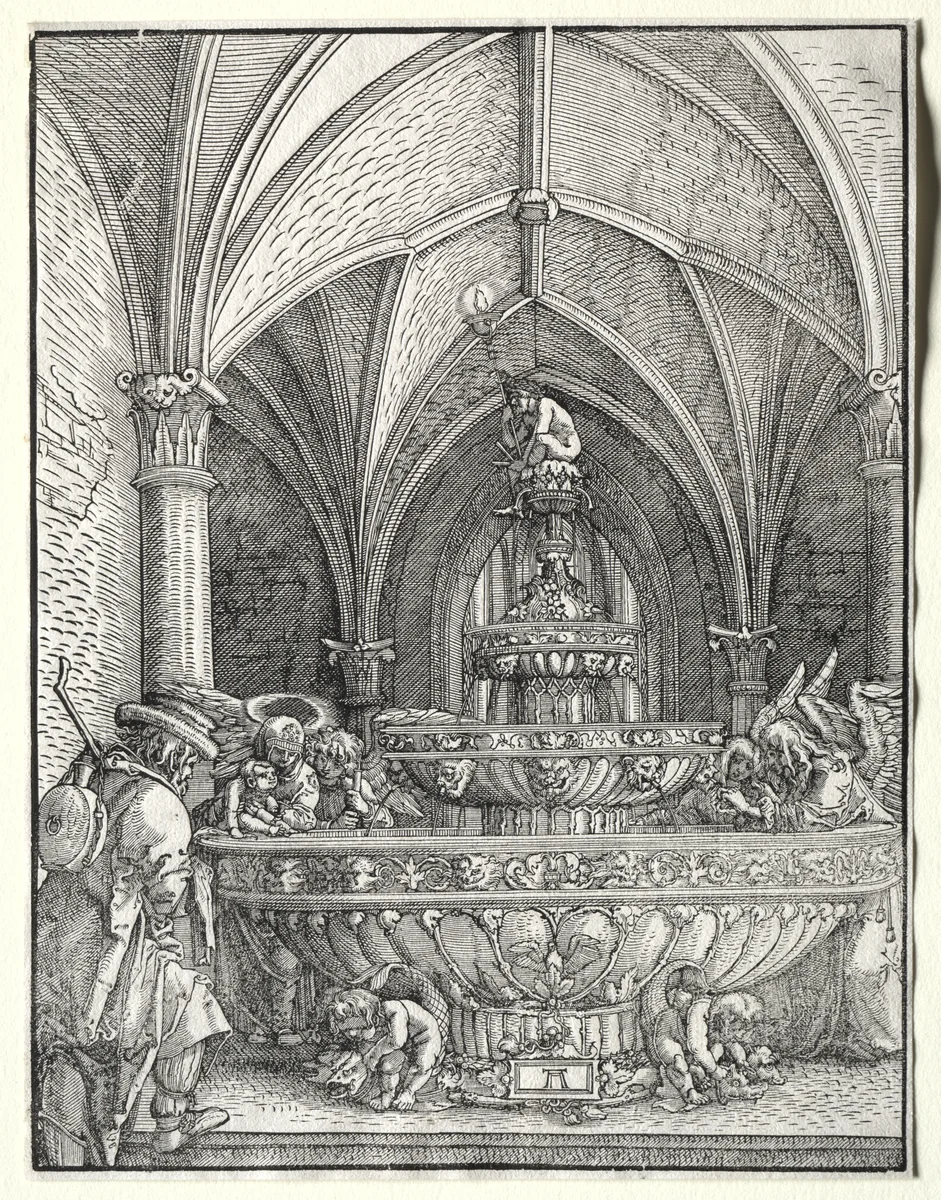 The Holy Family on the Flight into Egypt at a Fountain by Albrecht Altdorfer, print, 1515-1525