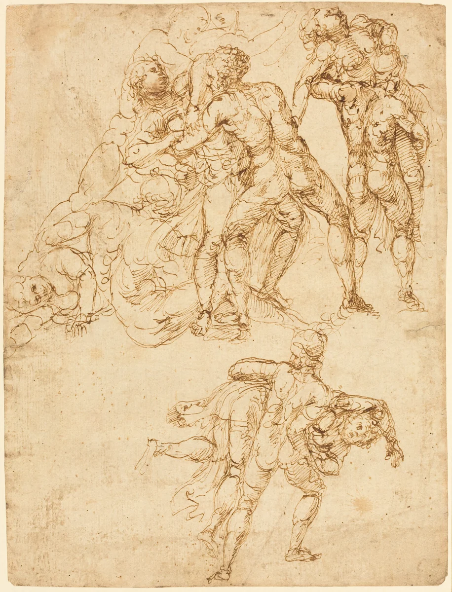 Studies for the Rape of the Sabine Women [verso] by Pirro Ligorio, drawing, 1513-1583
