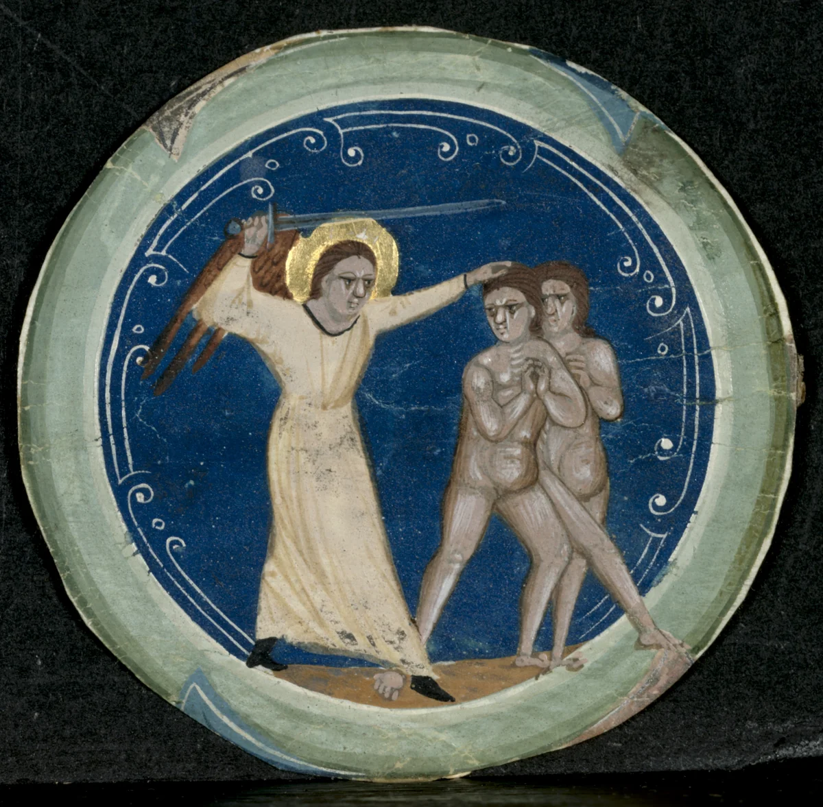 Medallion from the Border of a Latin Bible: The Expulsion of Adam and Eve from Paradise by Primo Miniatore di San Domenico, manuscript, 1300-1350