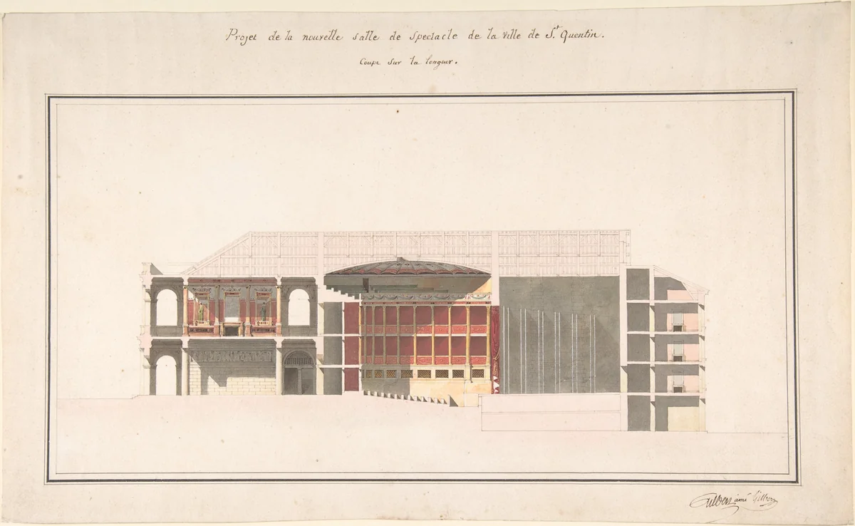 Project for the New Theater at St. Quentin (Aisne) - Section by Emile-Jacques Gilbert, drawing, 1800-1899