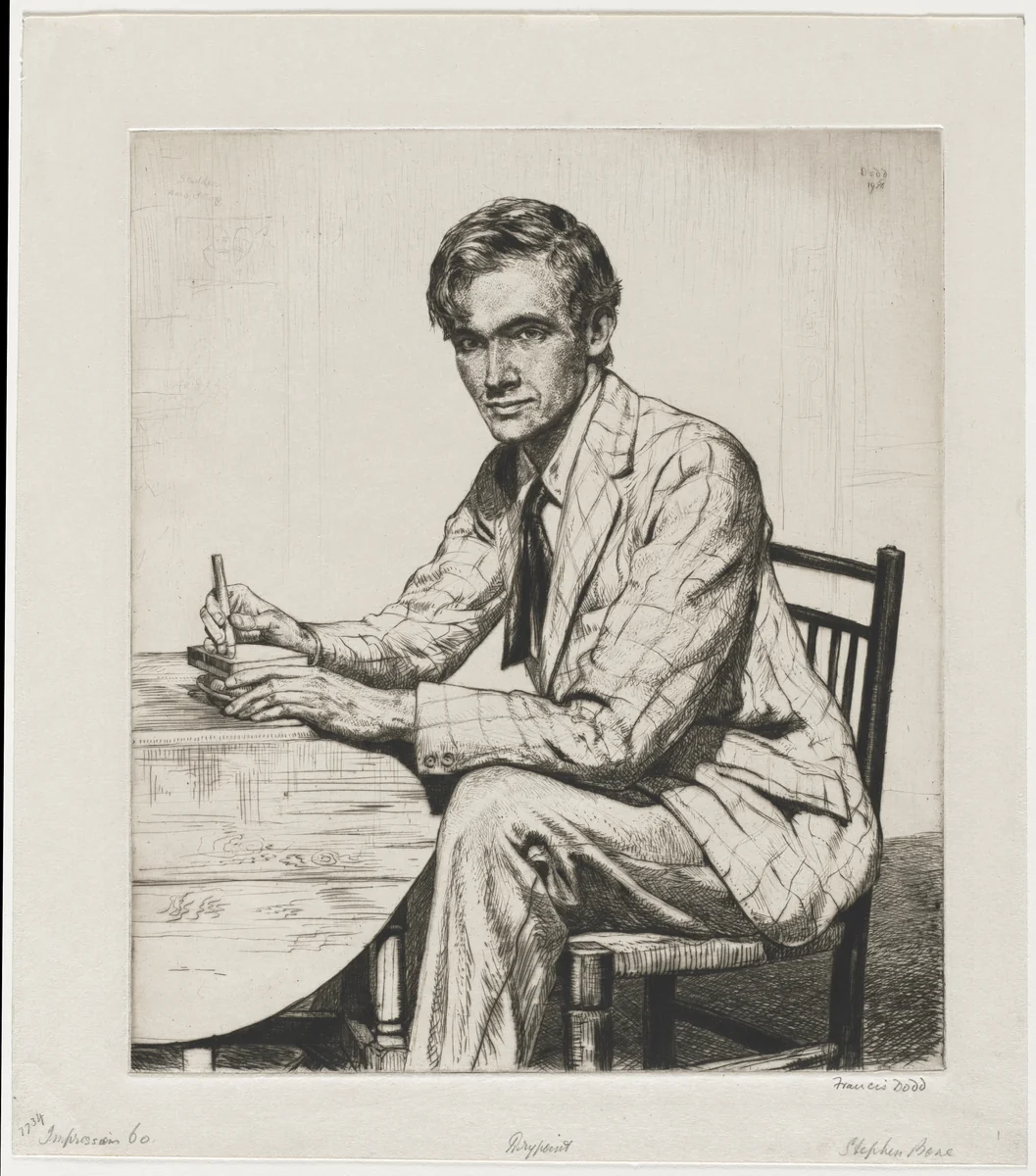 Stephen Bone Cutting a Wood Block by Francis Dodd, print, 1928
