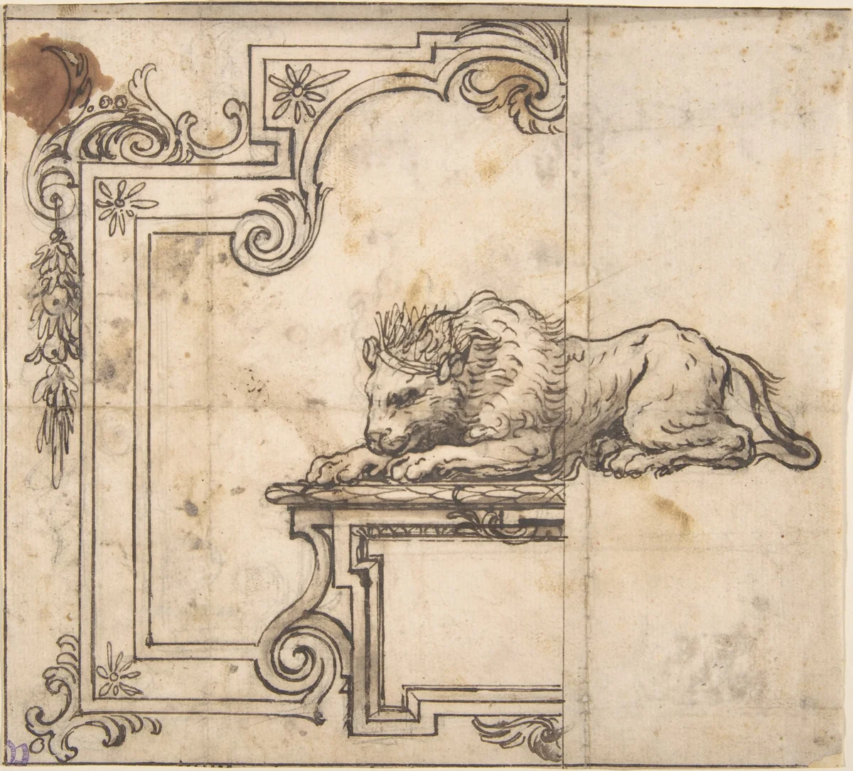 Design for a Frame with Two Compartments and a Crowned Lion by anonymous, drawing, 1600-1699