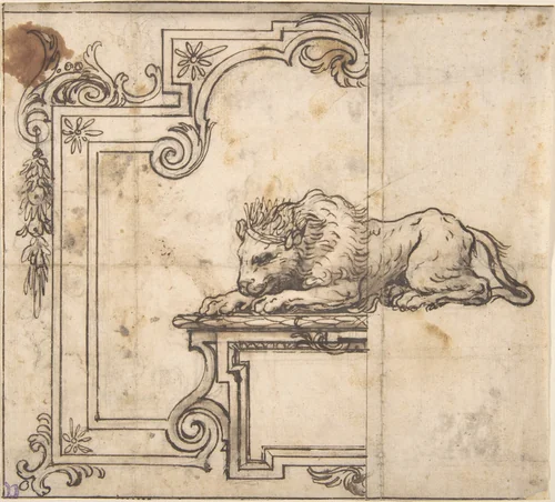 Design for a Frame with Two Compartments and a Crowned Lion by anonymous, drawing, 1600-1699