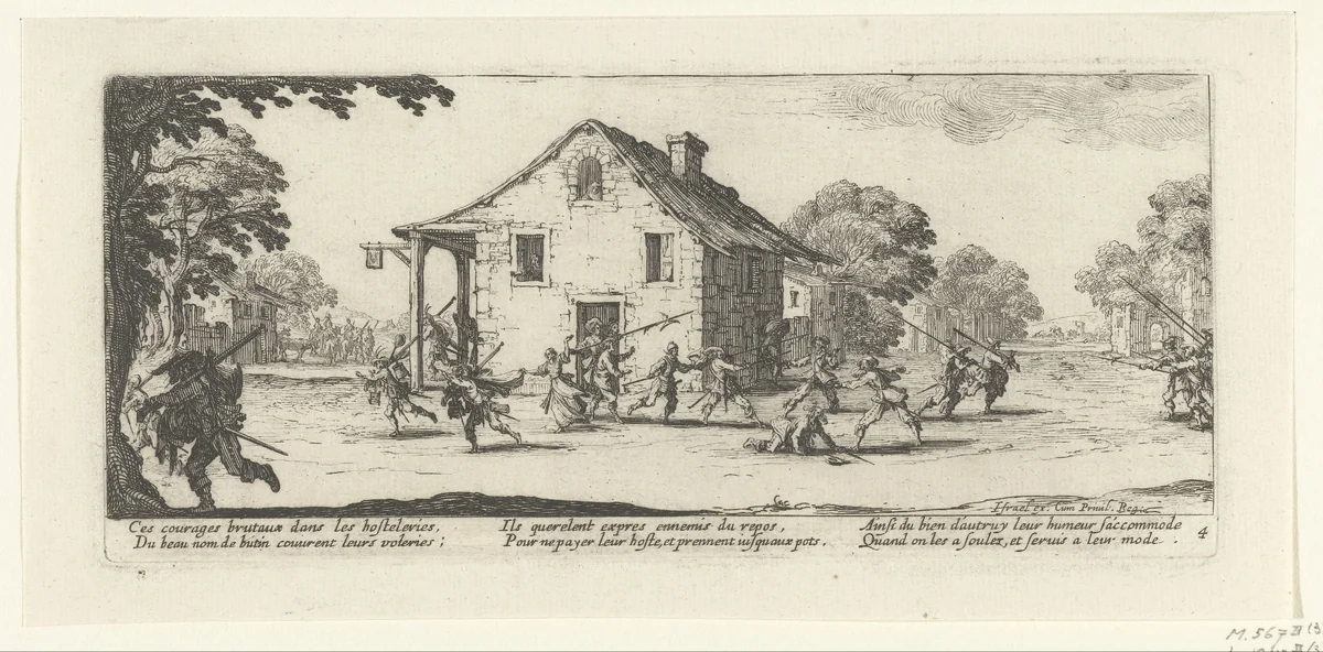 Soldaten plunderen een herberg by Jacques Callot, print, 1633