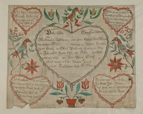 Pa. German Birth and Baptismal Certificate by Elmer R. Kottcamp, index of american design, 1940