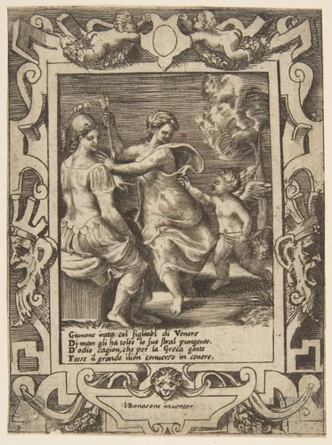 Athena seated near Juno who has taken away Cupid's arrows, set within an elaborate frame, from "Loves, Rages and Jealousies of Juno" by Giulio Bonasone, print, 1531-1576
