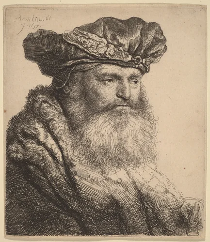 Bearded Man in a Velvet Cap with a Jewel Clasp by Rembrandt van Rijn, print, 1637