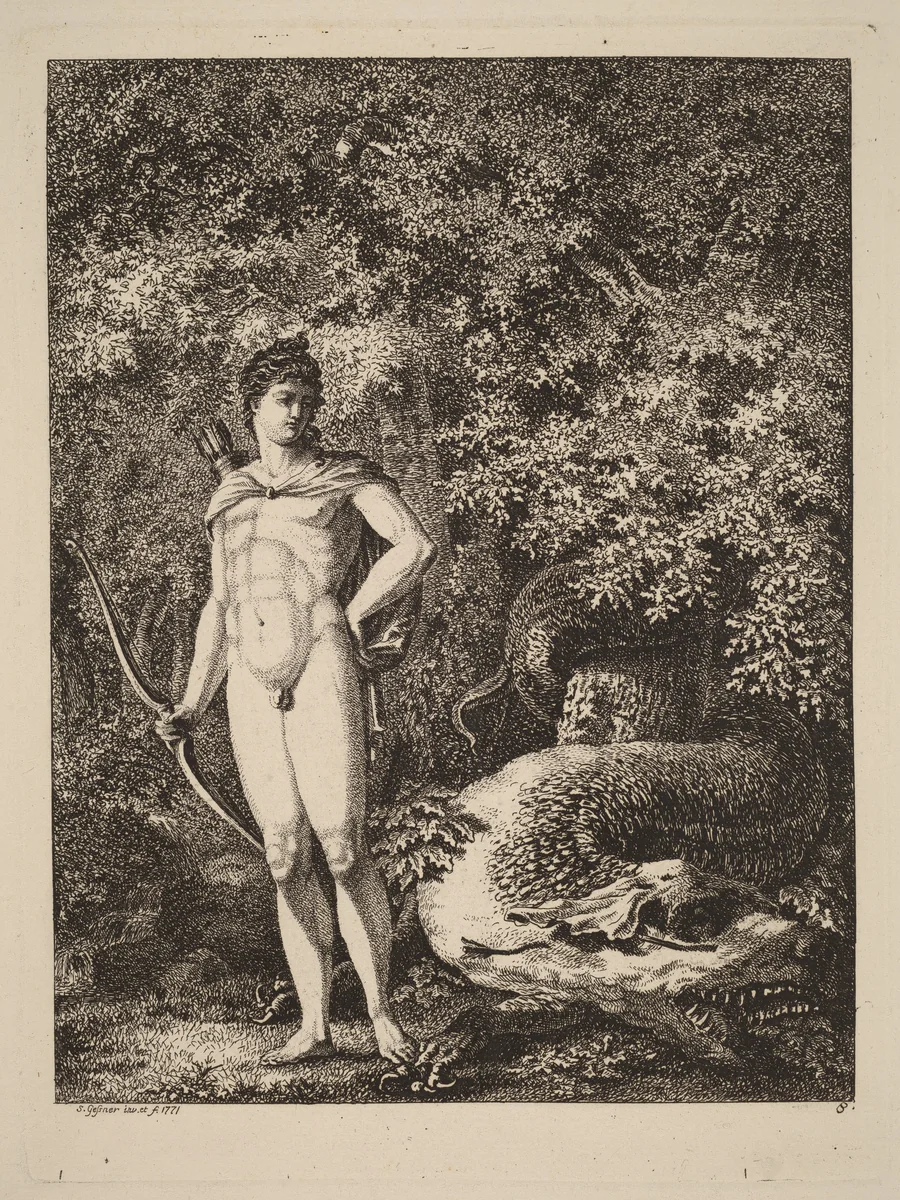 Apollo with a Bow and Dragon by Salomon Gessner, print, 1771