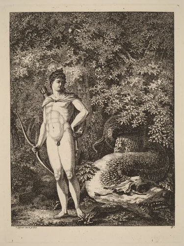 Apollo with a Bow and Dragon by Salomon Gessner, print, 1771