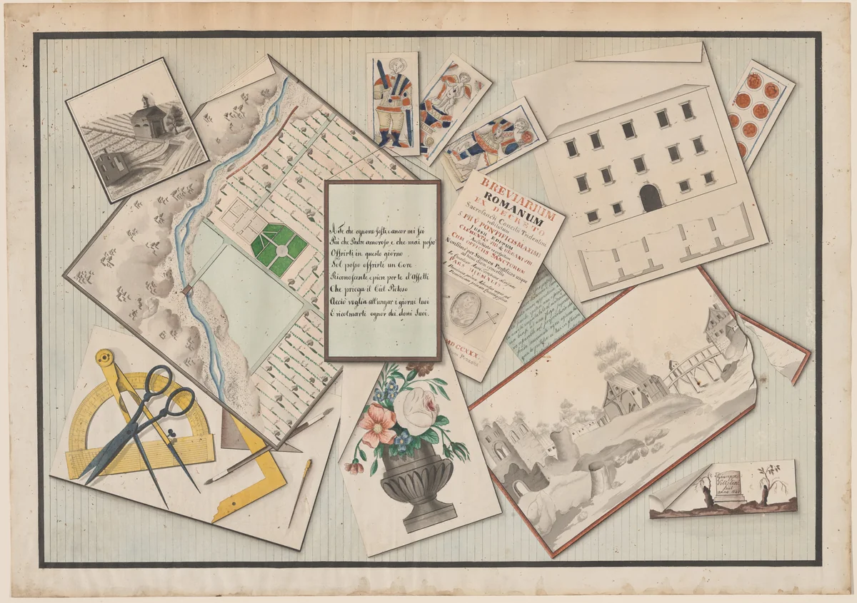 Trompe l'oeil by Giuseppe Voltolini, drawing, 1846
