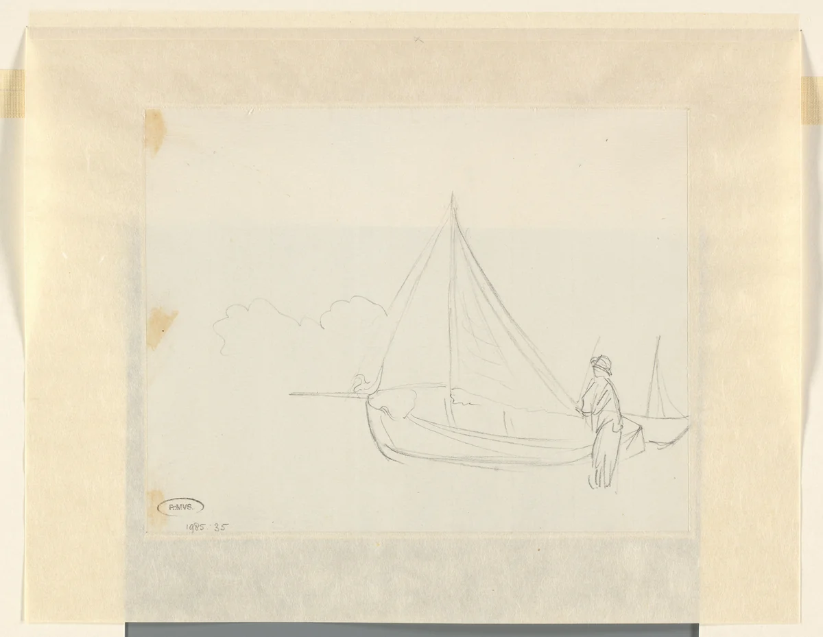 Figuur bij een zeilschip by John Linnell, drawing, 1802-1882